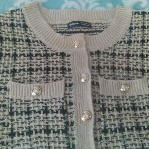 Shein Beige Black Knit  Preppy Minimalist Cropped  Gold Button Up Cardigan